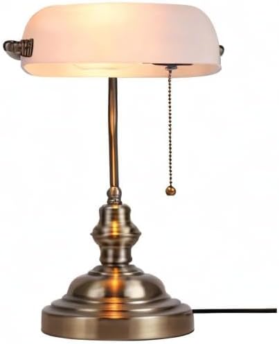 Newrays White Matted Glass Bankers Desk Lamp with Pull Chain Switch Plug in Fixture