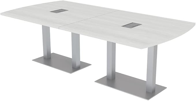 SKUTCHI DESIGNS INC. 8' Arc Rectangle Conference Table with Square Metal Base | 2 Data and Power Modules| Harmony Series | 8' Person Meeting Room Table | White Cypress