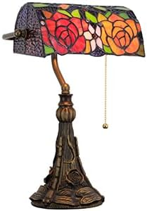 Tiffany Banker Lamp Small Stained Glass Table Lamp Tiffany Style Piano Light Yellow Red Rose Style Desk Lamp Angle Adjustable 10.6X15.7Inch for Home Office Living Room Bedroom