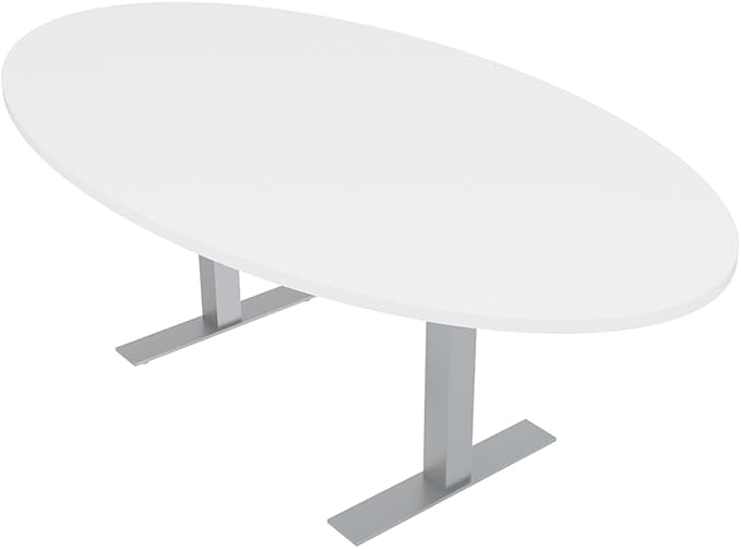 SKUTCHI DESIGNS INC. 6 Person Oval Shaped Conference Table with Sturdy Metal T Bases | Harmony Series Meeting Table for Offices, Training Rooms, and Homes | Scratch-Resistant Laminate | White - 4'X7'