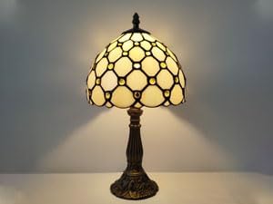 Small Tiffany Table Lamp 8 Inch Tiffany Style Desk Lamp Stained Glass Antique Light Bedroom Bedside Lamp Retro Reading Lamps (White Pearls Style)
