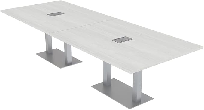 10 Person Rectangle Conference Table with Power And Data | Sturdy Square Metal Base | Harmony Series Modular Meeting Tables for Offices, Conference Rooms, and Homes | White Cypress - 10'