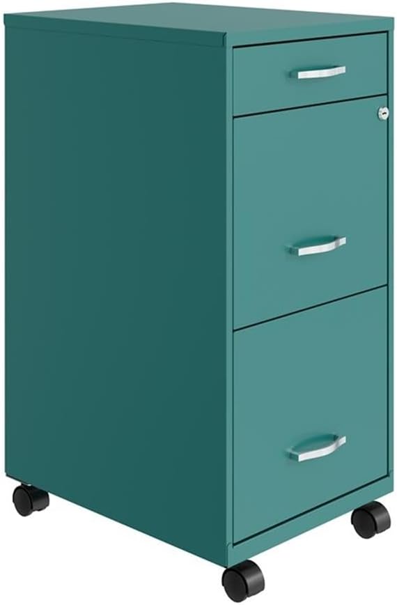 Pemberly Row 3 Drawers 29.52" Vertical Turquoise Metal Filing Cabinet Lockable Pre-Assembled Movable Letter Size for Home, Office