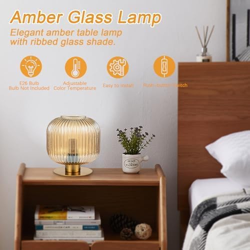 Mid Century Modern Glass Table Lamp, Vintage Gold Bedside Lamp Bedroom Nightstand Lamp Lantern Design with Amber Ribbed Glass Globe, Small Side Table Lamp Desk Lamp for Living Room Office