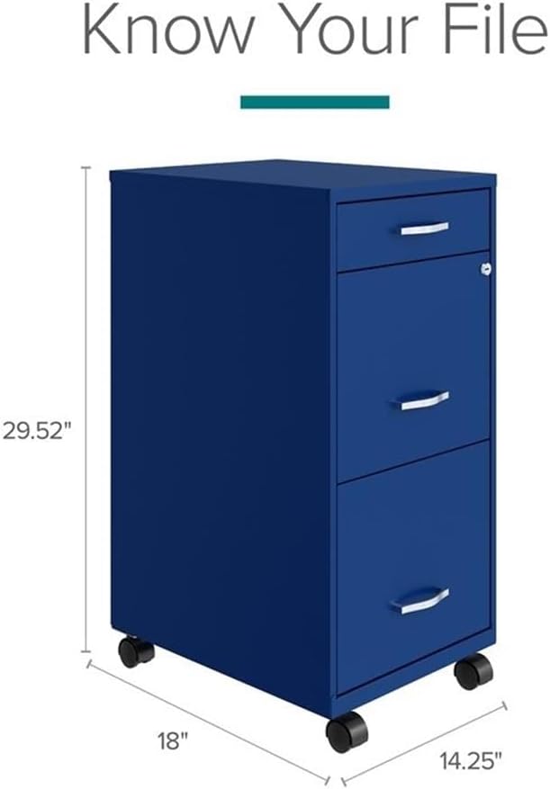 Pemberly Row 3 Drawers 29.52" Vertical Blue Metal Filing Cabinet Lockable Pre-Assembled Movable Letter Size for Home, Office