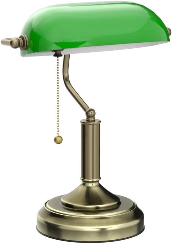 TORCHSTAR Green Glass Bankers Desk Lamp, UL Listed, Antique Desk Lamps with Brass Base, Traditional Library Lamp with Pull Chain, E26 Base, Vintage Desk Lamp for Office, Study Room