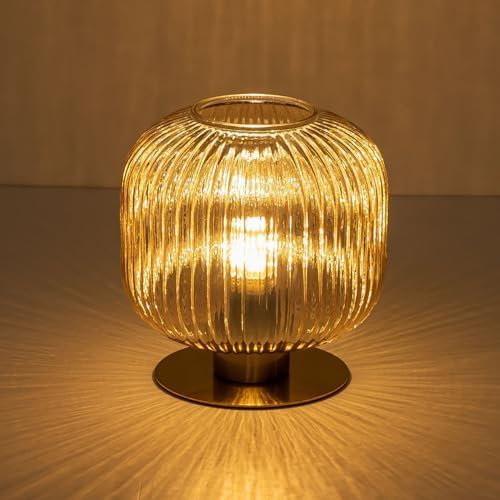Mid Century Modern Glass Table Lamp, Vintage Gold Bedside Lamp Bedroom Nightstand Lamp Lantern Design with Amber Ribbed Glass Globe, Small Side Table Lamp Desk Lamp for Living Room Office