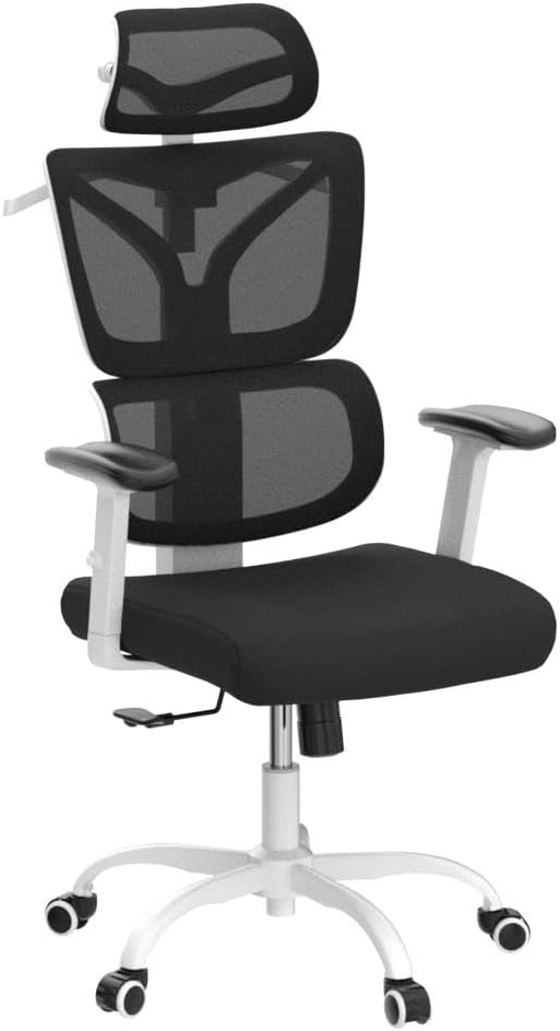 Winrise Office & Gaming Chair, High Back Ergonomic Reclining Desk Chair, Big & Tall, Comfy Home Office, Breathable Mesh, Adjustable Armrests (White)