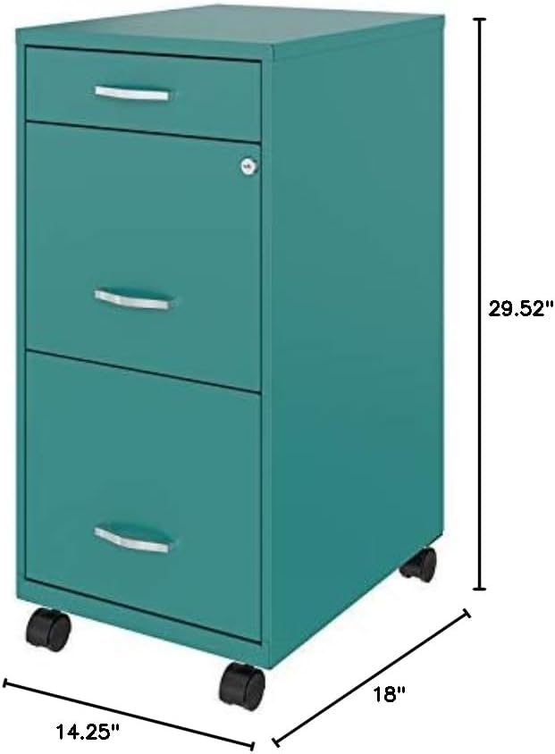 Pemberly Row 3 Drawers 29.52" Vertical Turquoise Metal Filing Cabinet Lockable Pre-Assembled Movable Letter Size for Home, Office