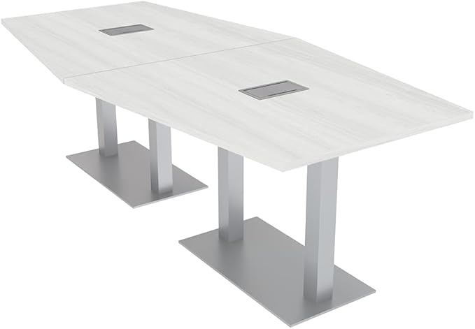 Harmony Series Hexagon Modular Shaped Conference Table with Power and Data | Brushed Silver Square Metal Base | 8 Person Meeting Tables for Offices, Training Rooms, and Homes | White Cypress � 8 Ft