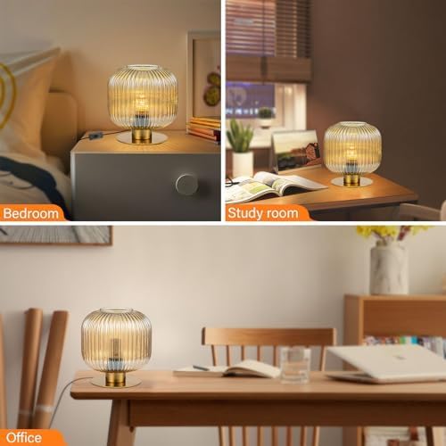 Mid Century Modern Glass Table Lamp, Vintage Gold Bedside Lamp Bedroom Nightstand Lamp Lantern Design with Amber Ribbed Glass Globe, Small Side Table Lamp Desk Lamp for Living Room Office