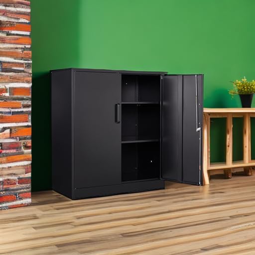 Yizosh Metal Garage Storage Cabinet with 2 Doors and 2 Adjustable Shelves - 35.5" Steel Lockable File Counter Cabinet for Home Office,Garage,Gym,School(Black)