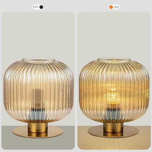 Mid Century Glass Table Lamps Set of 2, Vintage Table Lamp Gold Bedside Lamp Amber Globe Nightstand Lamp, Side Table Lamp Decorative Desk Lamp for Bedroom Living Room Office