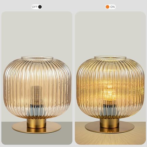 Mid Century Modern Glass Table Lamp, Vintage Gold Bedside Lamp Bedroom Nightstand Lamp Lantern Design with Amber Ribbed Glass Globe, Small Side Table Lamp Desk Lamp for Living Room Office