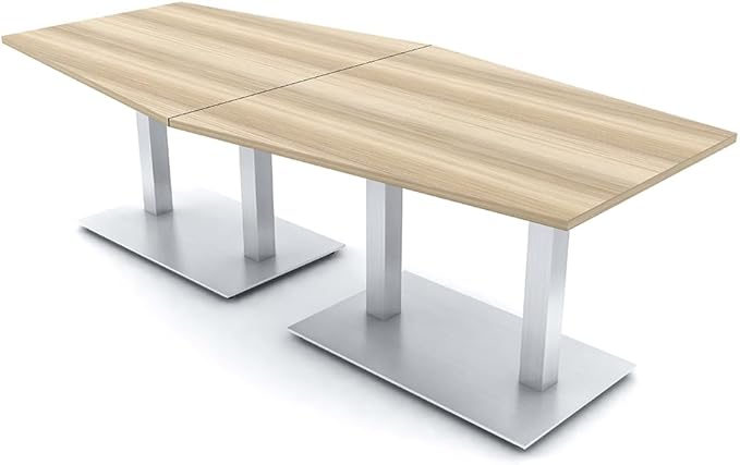 Harmony Series Hexagon Modular Shaped Conference Table with Brushed Silver Square Metal Base | 8 Person Meeting Tables for Offices, Training Rooms, and Homes | Blonde Surfside Ash � 8 Ft