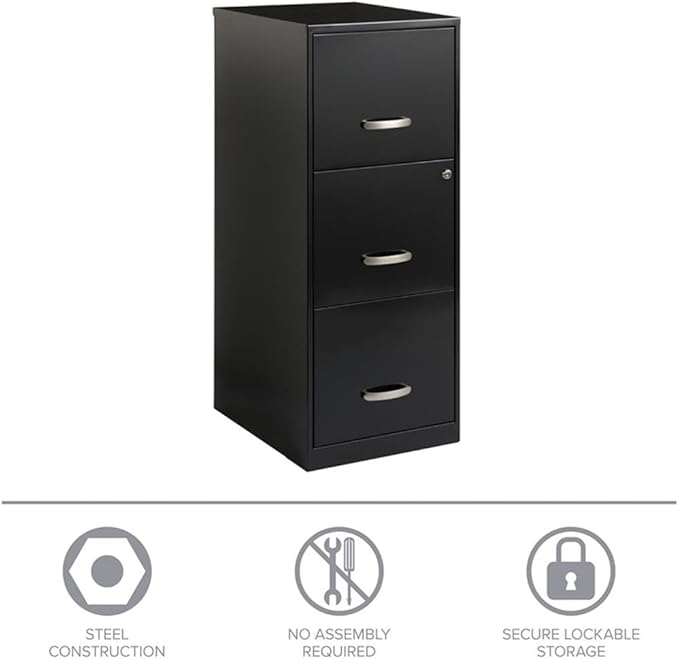 BOWERY HILL 3 Drawers 35.5" Vertical Black Metal Filing Cabinet Lockable Pre-Assembled Stationary Letter Size for Home, Office