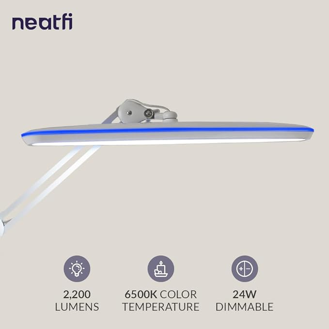 Neatfi XL 2,200 Lumens LED Desk Lamp, 23 Inches 24W, Adjustable Arm, Dimmable, Eye Caring, Nail Light for Home, Office, Study Lamp (Non-CCT with Clamp, White)
