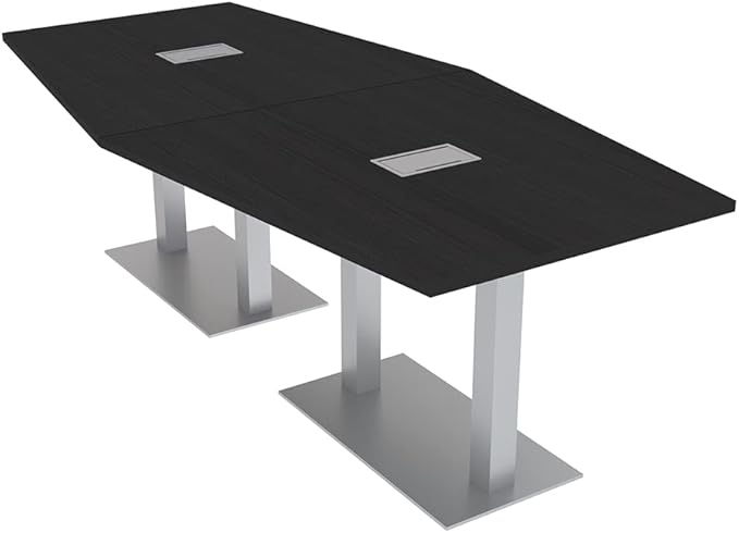 Harmony Series Hexagon Modular Shaped Conference Table with Power & Data | Brushed Silver Square Metal Base | 8 Person Meeting Tables for Offices, Training Rooms, & Homes | Black Cypress � 8 Ft