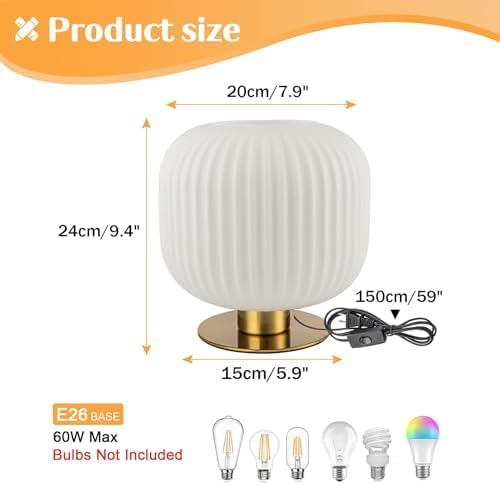 Milk Glass Table Lamp White Globe Table Lamp Mid Century Modern Lamp Gold Desk Lamp Vintage Bedside Lamp Small Nightstand Lamp Side Table Lamps for Bedroom Living Room Study End Table