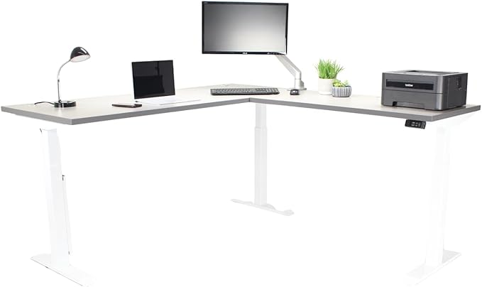 Lift It, Electric Sit Stand Height Adjustable 72"x30" I 48"x24" L-Shape Office Desk for Office or Home, Dual Motor and 4 Memory Digital Control with USB Charging, Grey Pattern Top, White Frame