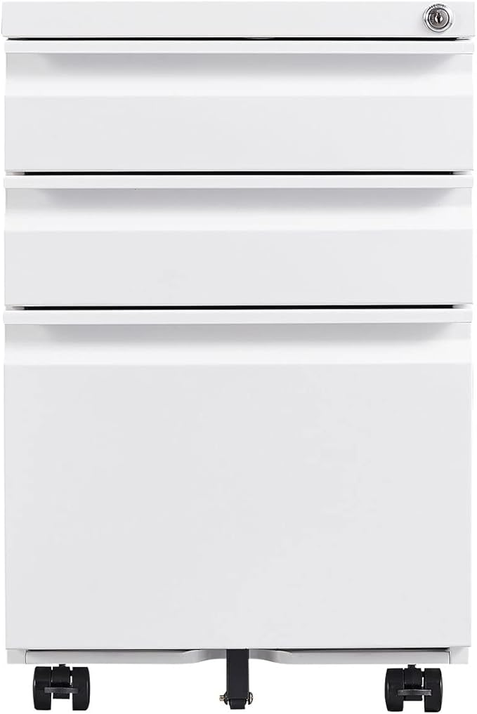 3-Drawer Metal File Cabinet with Lock & Wheels – Rolling Under-Desk Storage for Letter/Legal/A4 Folders, Home & Office Use (Assembly Required)
