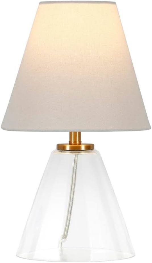 Henn&Hart 13.62" Tall Mini Lamp with Fabric Shade in Clear Glass/White, for Home, Living Room, Bedroom, Entertainment Room, Office, Kitchen, Dining