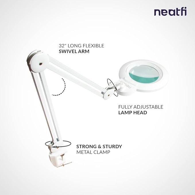 Neatfi XL Bifocal LED Magnifying Lamp, 7-Inch Acrylic Lens, 5D/20D Magnification, Hands-Free, Dimmable, 84 SMD LED, Adjustable Arm for Crafts, Reading, Close Work (White, with Clamp)