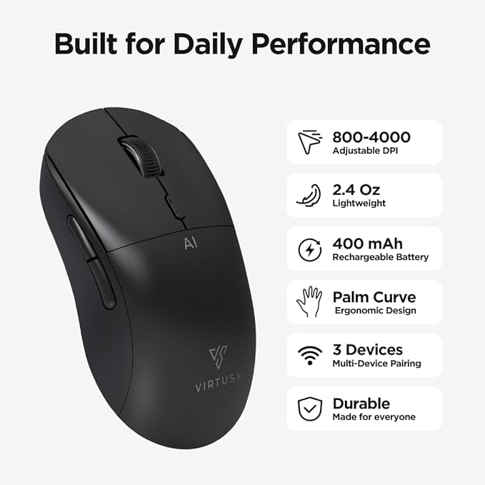 Virtusx AI Mouse, Jethro V1 – AI Voice & Audio Recorder, Note Taking Mouse for Computer & Laptop with Centralized AI Software, AI Writing Tools, Voice Typing, Transcribe, Translate & Summarize