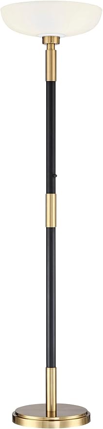 Possini Euro Design Cameron Light Blaster Modern Torchiere Floor Lamp LED 72.25" Tall Warm Antique Brass Matte Black Opal Glass Bowl Pole Light for Living Room Reading House Bedroom Home