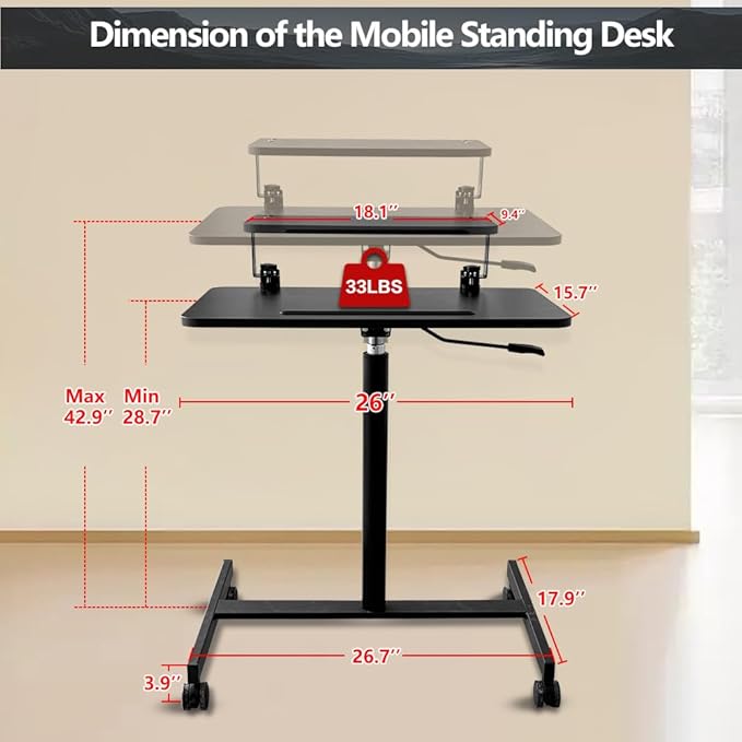 Mobile Standing Desk,Rolling Desk Adjustable Height,Laptop Cart on Wheels with Keyboard Tray&Monitor Stand Riser,Overbed Table for Home,Office,Podium (Black)