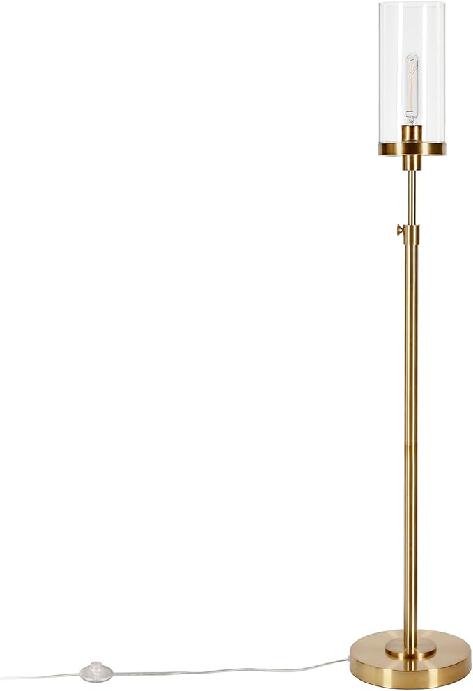 Henn&Hart 66'' Industrial 1-Light Floor Lamp with Clear Glass Cylinder Shade for Living Room, Bedroom, or Office, Brass