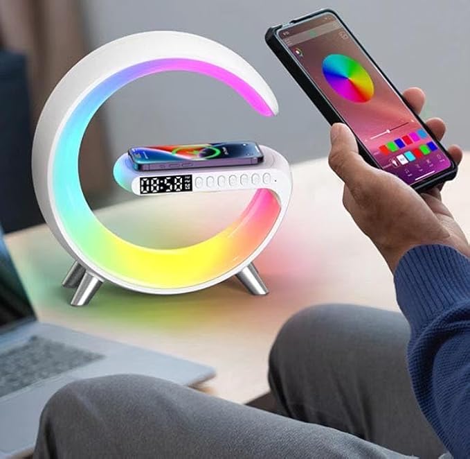 Smart Table Lamp with 4-in-1 Wireless Charger, Night Light, Bluetooth Speaker, Alarm Clock, App Control, Office, Bedroom, Home Decor (Black)