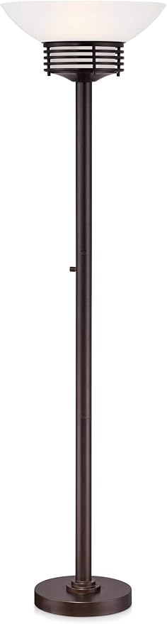 Possini Euro Design Light Blaster Modern Retro Torchiere Floor Lamp Standing 72.5" Tall Warm Bronze White Frosted Glass Bowl Shade Decor for Living Room Reading House Bedroom Home