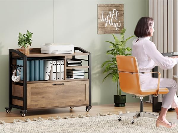 HSH Mobile Lateral File Cabinet with Drawer, Rolling Filing Cabinet for LegalLetter Size, Printer Stand with Storage Shelf, Lockable Wheels, Hanging File Organizer for Home Office, Rustic Oak, 33Inch