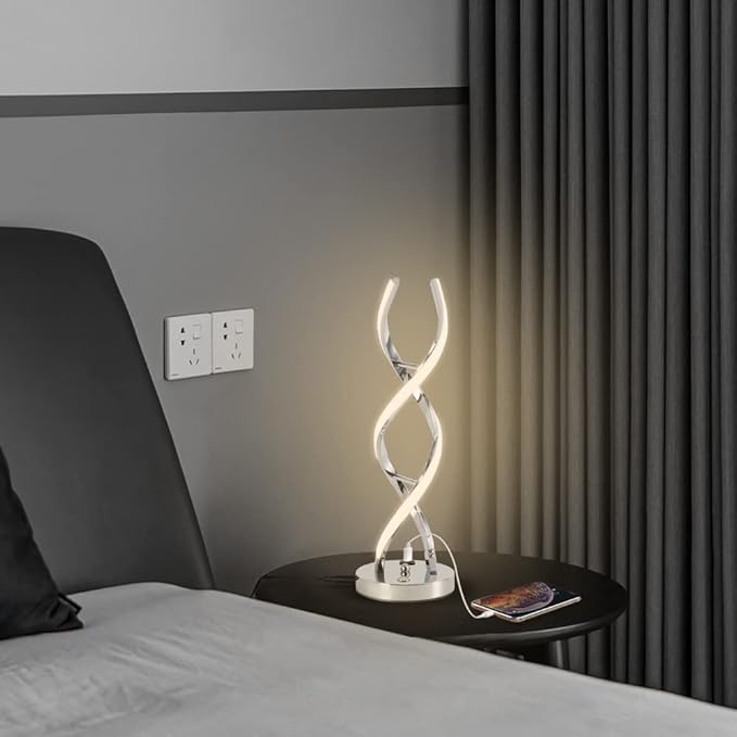 LED Modern Table Lamp, Stepless Dimmable Spiral Table Lamps for Bedroom, 3 Colors Touch Control Bedside Nightstand Lamp with 1 USB Charging Ports, Desk Lamps for Living Room Office (Silver)