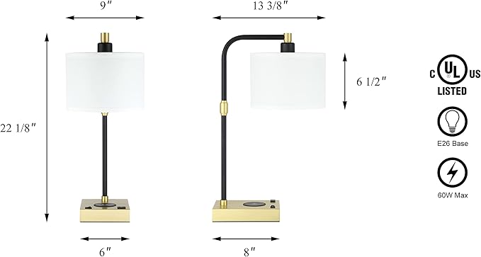XiNBEi Lighting Desk Lamps for Home Office Modern Black and Brass Table Lamp with Switch Bedside Table Lamp with Charger for Bedroom or Nightstand