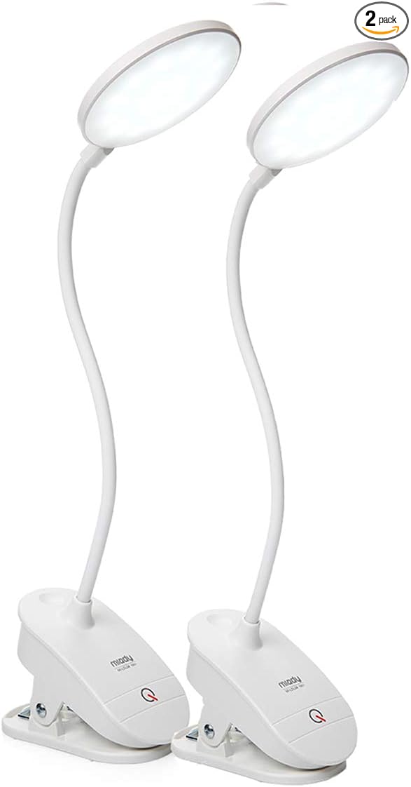 Miady 2 Pack Clip on Lamp,Battery Powered Reading Light,Clamp for Bed with 3 Brightness Level,USB Rechargeable