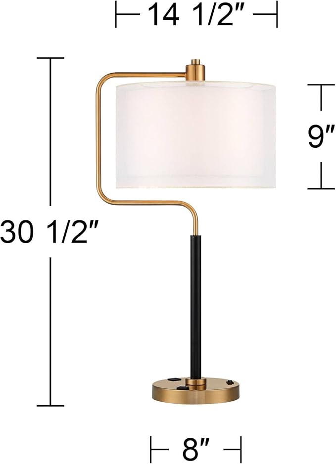Possini Euro Design Carlyle 30 1/2" Tall Large Mid Century Modern Glam Luxe Desk Lamps Set of 2 USB Port Smart Socket AC Power Outlet Black Gold Metal Shade Home Office Living Room Charging