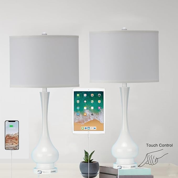 Table Lamps for Living Room Set of 2,30" Tall Bedside Farmhouse Lamps,Bedroom Nightstand Lamps with USB Port, 3-Way Dimmable Modern Large Table Lamps with White Shade (Bulbs Included)