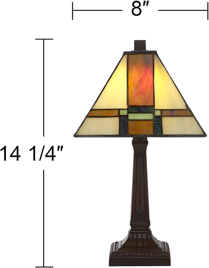 Robert Louis Tiffany Morris Mission Antique Tiffany Style Mini Accent Table Lamp LED 14 1/4" High Warm Brown Art Deco Stained Glass Shade Decor for Bedroom House Bedside Nightstand Home Office