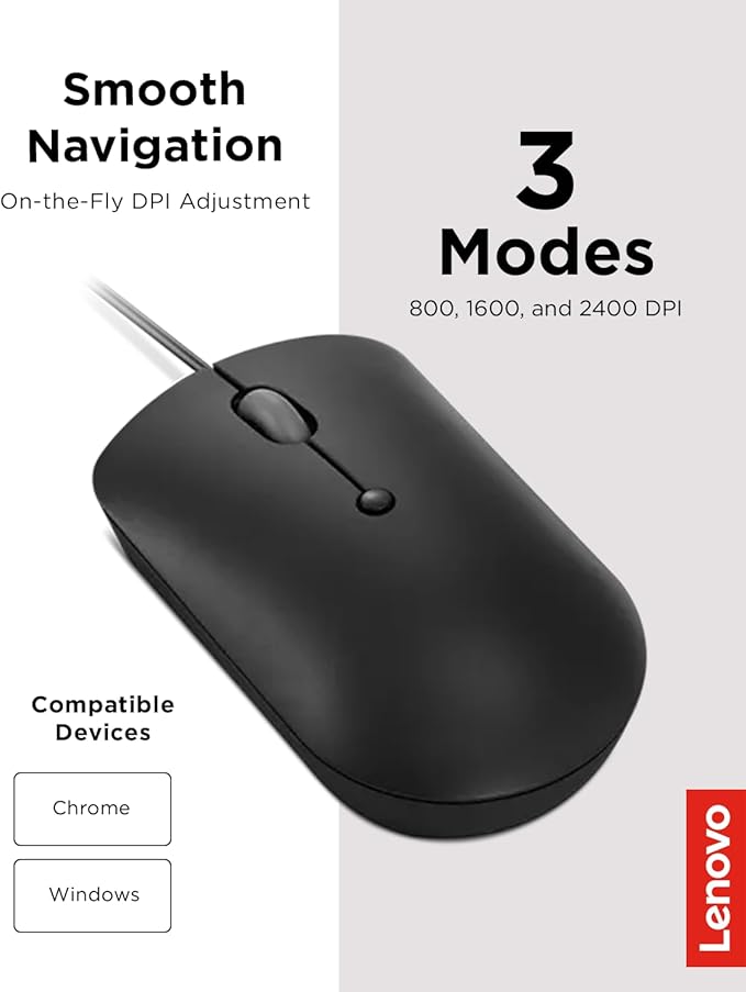 Lenovo 400 USB-C Compact Wired Mouse – Pocket Friendly Portable Mouse for Notebook or Large Computer Monitor, Black