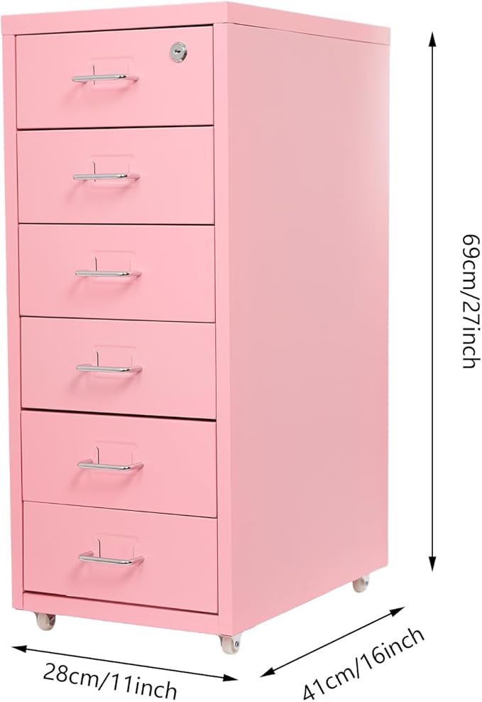 6 Drawers Rolling File Cabinet, Pink Metal Filing Cabinets with Lock, 27 inch H Vertical Filing Cabinet Under Desk for Home Office, Heavy Duty Metal Storage Cabinet for A4/Letter/Legal Size File