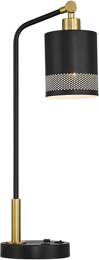 Possini Euro Design Keller 24" High Small Modern Desk Lamp USB Port AC Power Outlet Black Gold Brass Finish Metal Single Shade Home Office Living Room Charging Bedroom Bedside Nightstand House