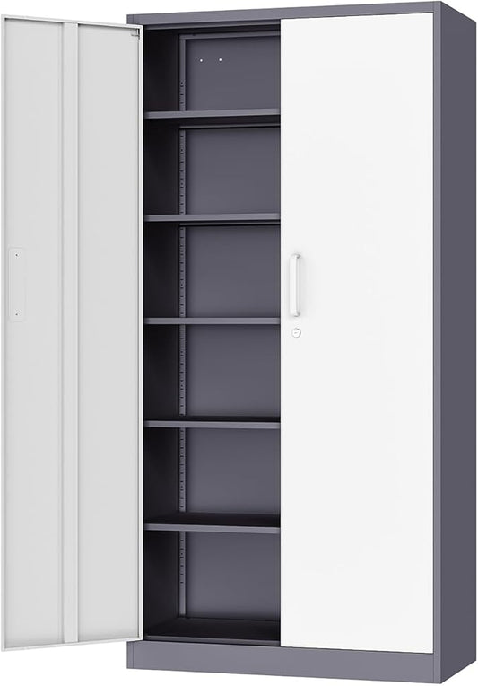 Metal 71' TallFile Cabinet with 5 Adjustable Shelves, Lockable Doors - Gray&White Steel Storage Cabinets for Home, School, Office, Garage
