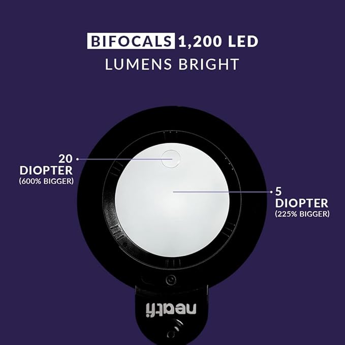 Neatfi XL Bifocals 1,200 Lumens LED Magnifying Lamp with Clamp, 3 Light Modes, Correlated Color Temperature Control (3000K-4500K-6000K), 12W, 120 Pcs SMD LED (Black, 6 Inch Lens)