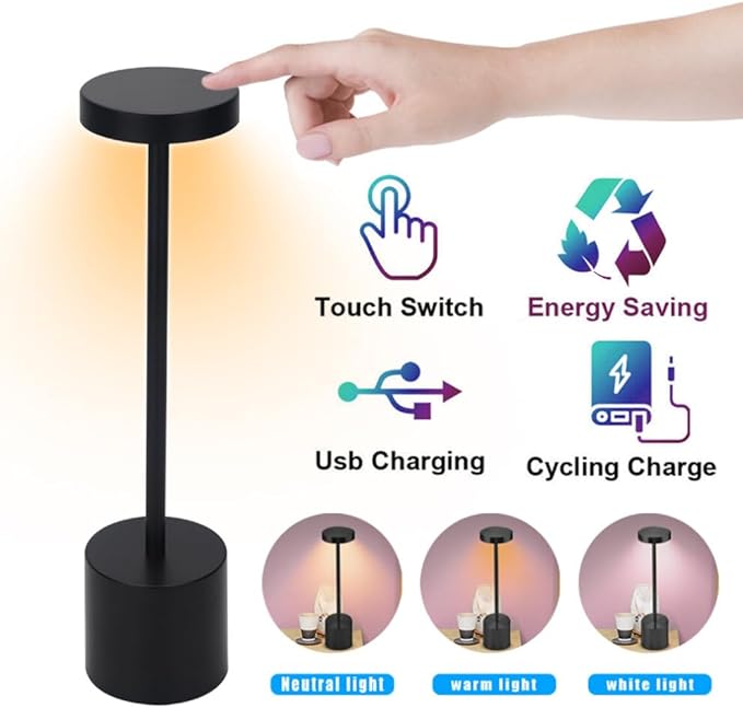 MIOBLUE Cordless Table Lamp, Rechargeable Table LampLED Touch Light,3 Color Stepless Dimmable Battery Powered Lamp, Usage for Table Light for Dinner/Patio/Restaurant/Bedroom.(Black)
