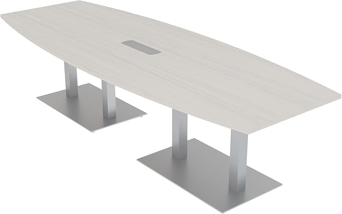 10-Person Boat Shaped Modular Conference Table With Rotating Power Unit | Harmony Series | 10' Meeting Room Table | Scratch-Resistant Laminate | Square Metal Bases & Natural Eucalyptus