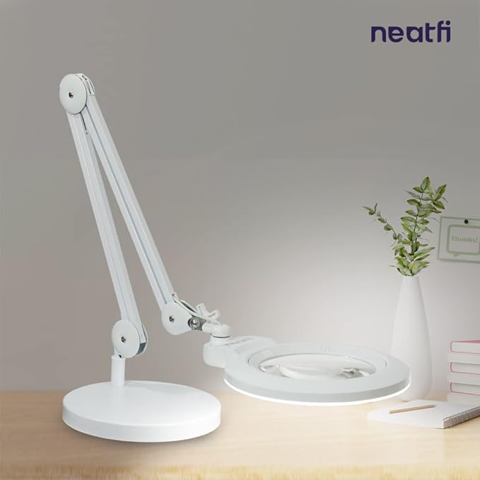 Neatfi XL Bifocal LED Magnifying Lamp, 7-Inch Acrylic Lens, 5D/20D Magnification, Hands-Free, Dimmable, 84 SMD LED, Adjustable Arm for Crafts, Reading, Close Work (White, with Base)