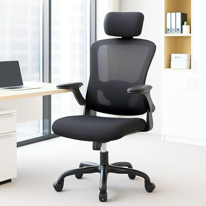 Office Chair – Ergonomic Desk Chair, Adjustable Lumbar Support and Headrest, Flip-Up Armrests, Mesh Computer Desk Chair, Swivel Rolling Executive Gaming Chair for Home & Office (Black)