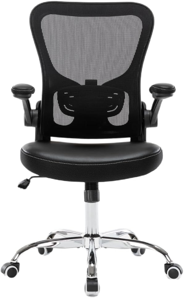 Ergonomic Office Chair with Lumbar Support, Adjustable PU Leather Computer Chair, Executive Desk Chair with Flip-up Arms, Breathable Mesh Back, Swivel Rolling Task Chair for Home Office Black